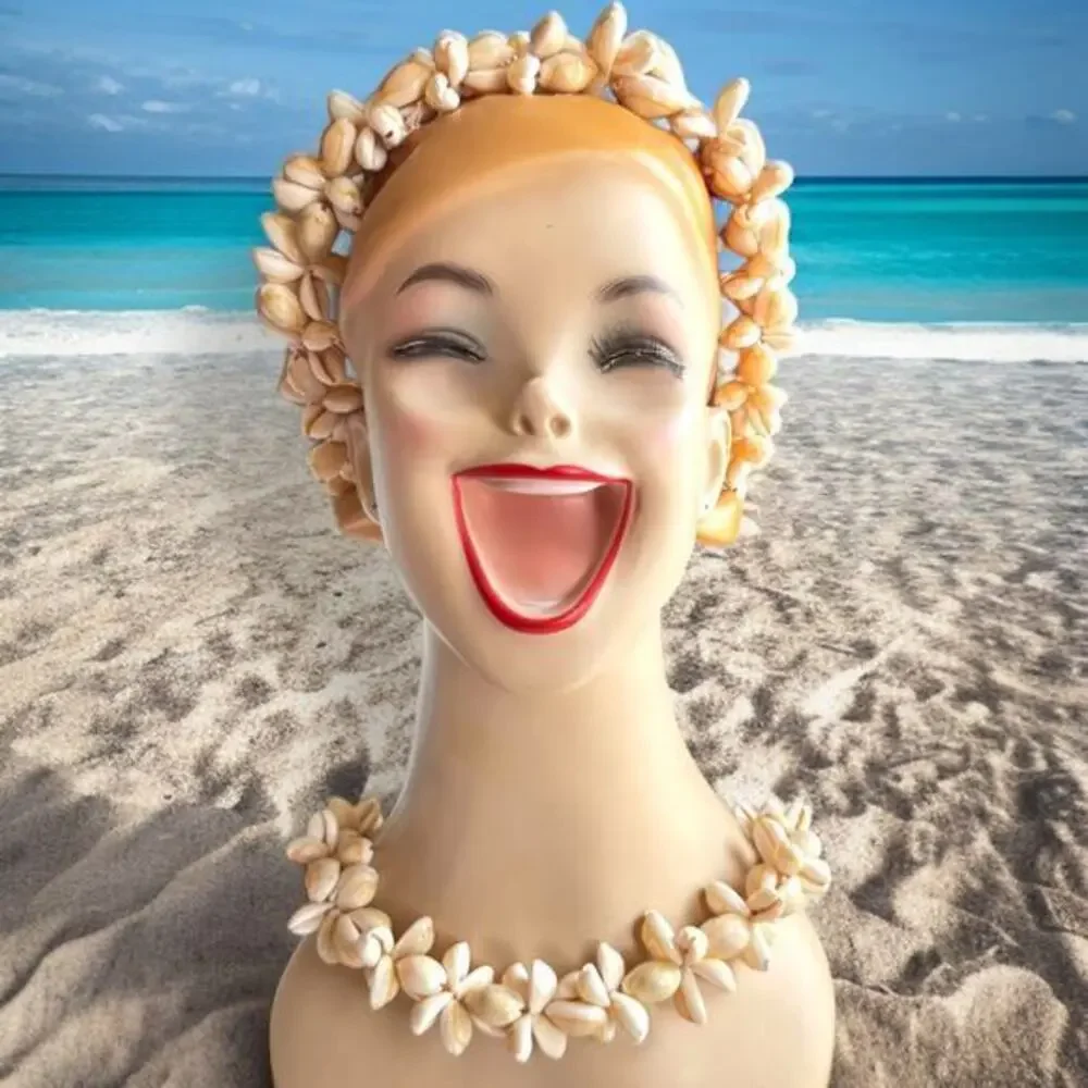 Vintage Cowry Cowrie Shell Rosette Crown & Lei Set Mermaid Headband & Necklace